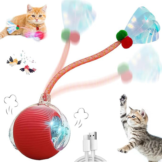 Christmas Stocking Stuffer Speedy 2.0 Tail Interactive Cat Toys for Indoor Cats, Automatic Cat Toy with Elastic Mesh Tail, Electric Rolling Ball on Carpet, Chirping and Motion Activate Cat (Red)