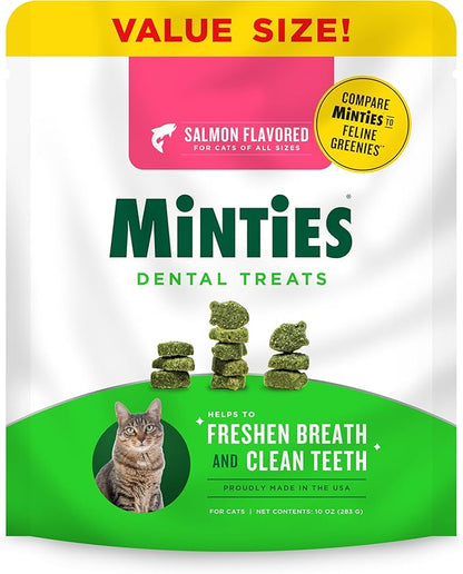 Minties Dental Treats for Cats, Salmon Flavored Cat Dental Treats, Freshens Breath and Controls Tartar, 10oz