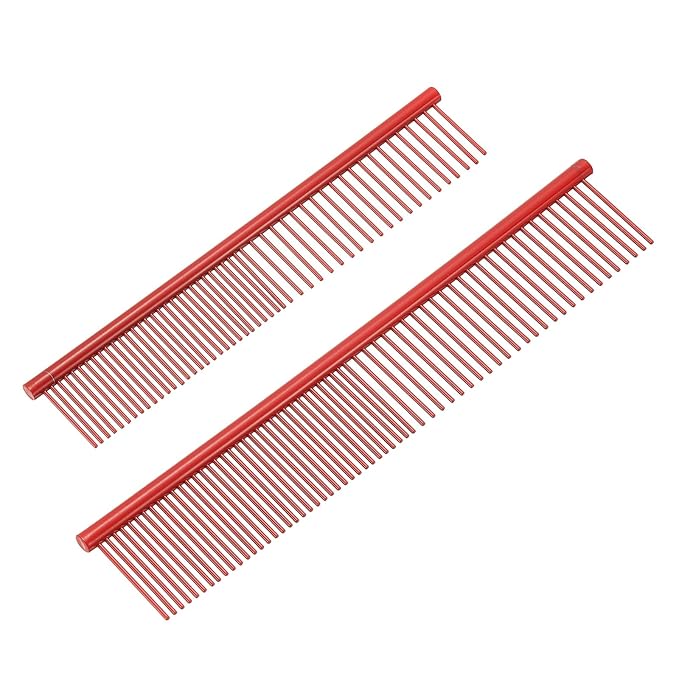 Dog Cat Comb, Pet Combs Stainless Steel Teeth with Rounded Ends for Knots Mats Loose Hair Removal, 6.5/7.5IN (Red Coated, 2 Pack), Grooming Tool Intended for Long Curly Hair Pet