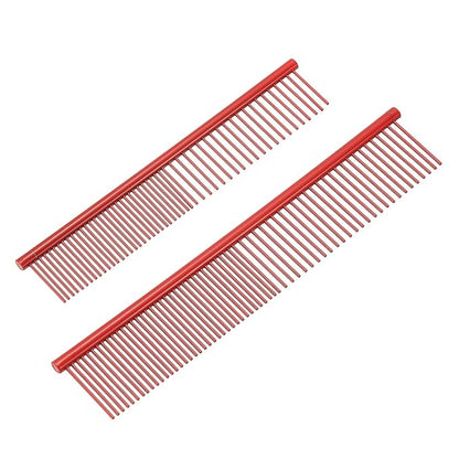 Dog Cat Comb, Pet Combs Stainless Steel Teeth with Rounded Ends for Knots Mats Loose Hair Removal, 6.5/7.5IN (Red Coated, 2 Pack), Grooming Tool Intended for Long Curly Hair Pet
