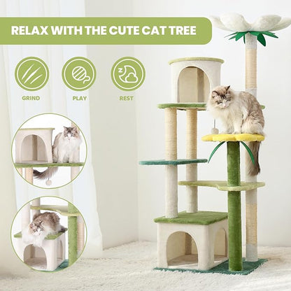 HYABi 64-Inch Cute Avocado Flower Large Tall Garden Cat Tree Tower Condo House Furniture Bed Plush Ball Activity Platform Multi-Level with Scratching Posts for Indoor Cats Play