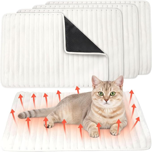 Nuanchu 4 Pack Self Warming Cat Bed 24"x18" Self Heating Dog Cat Pad Bulk Crate Mat Extra Warm Thermal Big Pet Pad for Indoor Outdoor Pets Houses with Removable Washable Cover Non Slip(White)