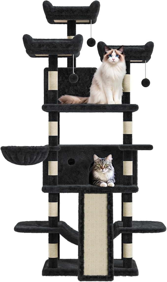 68.5 Inch Tall Cat Tree Tower, Heavy Duty Multi-Level Cat Tower with Scratching Posts, Condo, Plush Perches, Hammocks, Basket & Dangling Balls, Cat Furniture for Indoor Cats, Dark Grey