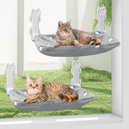 2 Pack Cat Window Perch, Glow in The Dark Foldable Cat Window Hammock with Sunken Design, Removable Soft Cover, Breathable Cordless Window Bed for Cats Inside Holds up to 40lbs (Grey, 2 Pack)