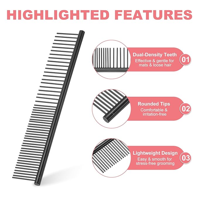 Dog Cat Comb, Pet Combs Stainless Steel Teeth with Rounded Ends for Knots Mats Loose Hair Removal, 6.5IN (Black Coated, 3 Pack), Grooming Tool Intended for Long Curly Hair Pet