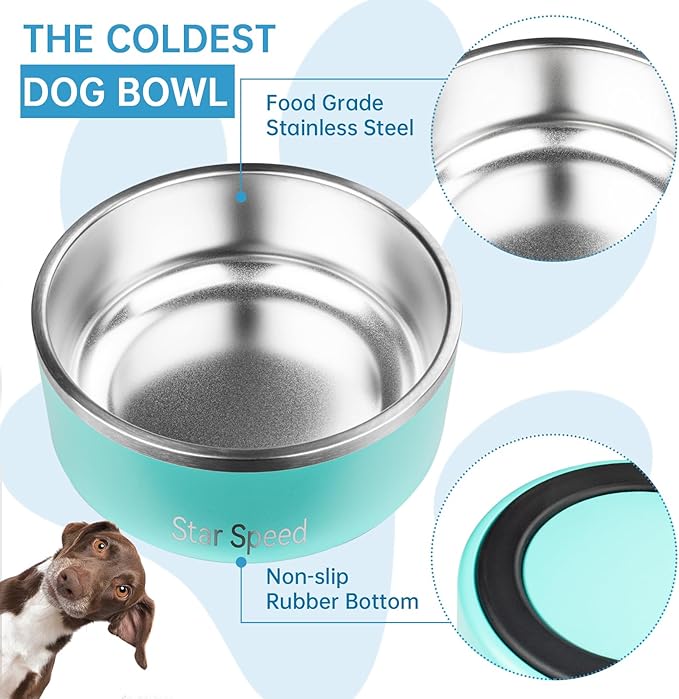 StarSpeed Stainless Steel Dog Bowl. Large Dog Water Bowl with Rubber Bottom, Drop Resistant, Keeps Cold, Holds 8 Cups (64oz), Light Green