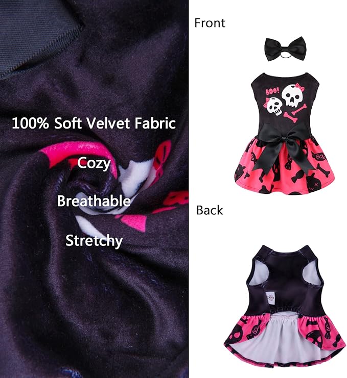 CuteBone Halloween Skulls Dog Dress Velvet for Small Dogs Girl Puppy Dresses Pink Dog Clothes CVA02S-D