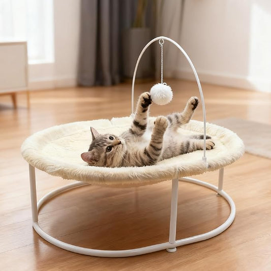 Elevated Cat Hammock Bed - 66LBS Weight Capacity Cat Bed for Large Indoor Cats & Small Dogs, All-Season Plush & Breathable Mesh Mat, Raised Pet Supplies with Sturdy Metal Frame, Cream White
