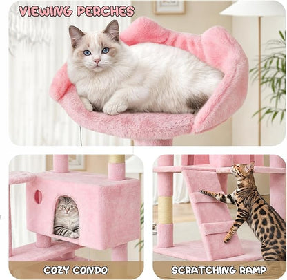 MoNiBloom 77 Inch Cat Tree Tower for Indoor Cats Large Adults, Tall Cat Tower with Scratching Post, Multi-Level Furniture Activity Center with Cat Condo Pet Play House, Soft Pink