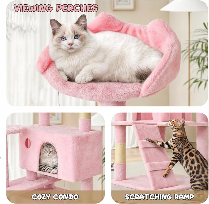 MoNiBloom 70 Inch Cat Tree Tower for Indoor Cats Large Adults, Tall Cat Tower with Scratching Post, Multi-Level Furniture Activity Center with Cat Condo Pet Play House, Soft Pink