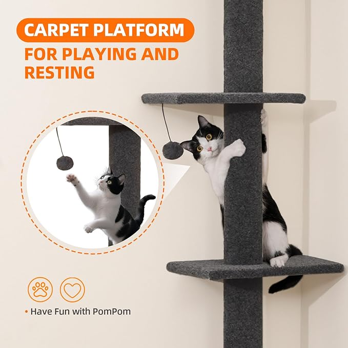 Cat Craft Cat Tree Floor to Ceiling Cat Tower 98-108" Carpet Kitten Tree 5-Tier Scratching Post and Mat Cat Pole for Indoor Cats, Charcoal