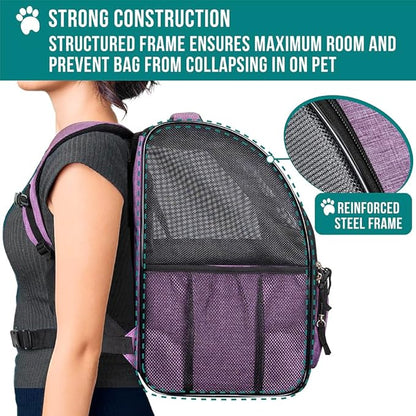 PetAmi Dog Backpack Carrier for Small Large Cat, Pet, Puppy, Ventilated Pet Hiking Backpack Travel Bag, Airline Approved Cat Backpack Carrier, Camping Biking Dog Bag Up to 18lbs Pet, Purple