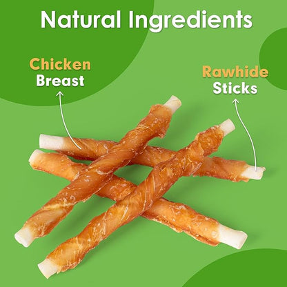 MON2SUN Dog Treats, Rawhide Twist Chicken Hide Sticks, Suitable for Puppy and Small Dogs, 5 Inch (Chicken, 14.11 oz)