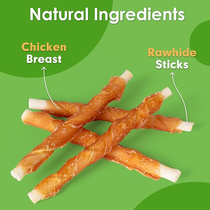 MON2SUN Dog Treats, 5 Inch Rawhide Twist Chicken Hide Sticks, Suitable for Puppy and Small Dogs, 5 Inch (Chicken, Pack of 25)