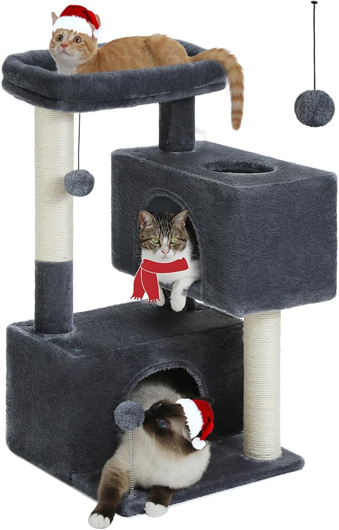 32" Cat Tree Tower for Indoor Cats - 2 Cozy Condos, Multi-Level Cat Scratching Posts with Sisal, Soft Padded Perch, 2 Dangling Toys, Dark Grey