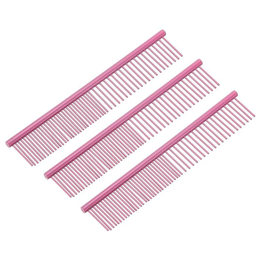Dog Cat Comb, Pet Combs Stainless Steel Teeth with Rounded Ends for Knot Mat Loose Hair Removal, 6.5IN (Pink Coated, 3 Pack), Grooming Tool Intended for Long Curly Hair Pet
