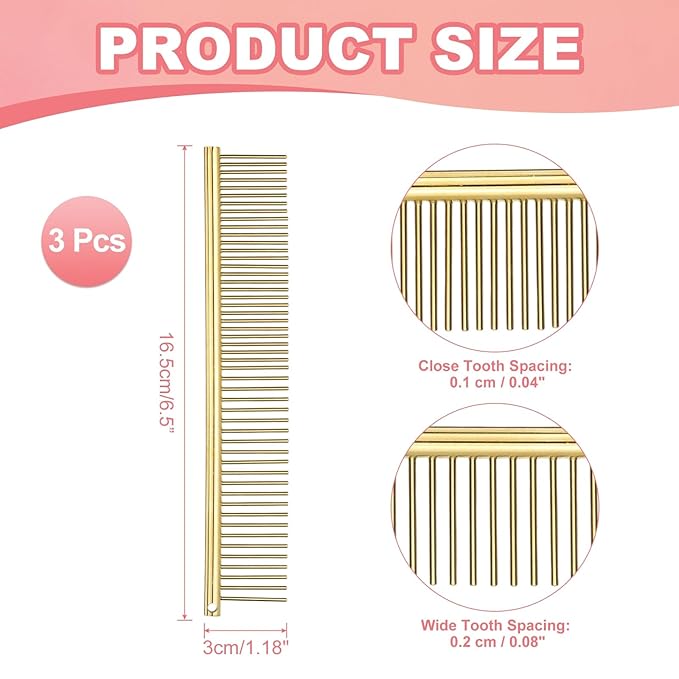 Dog Cat Comb, Pet Combs Stainless Steel Teeth with Rounded Ends for Knots Mats Loose Hair Removal, 6.5IN (Gold Plated, 3 Pack), Grooming Tool Intended for Long Curly Hair Pet