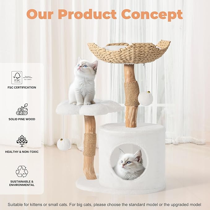 Modern Cat Tree, Wood Cat Tree Tower for Small Cats, Luxury Cat Condo with Scratching Posts and Flower Platforms, Cat Furniture by Easyego, (White)