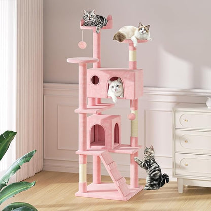 MoNiBloom 77 Inch Cat Tree Tower for Indoor Cats Large Adults, Tall Cat Tower with Scratching Post, Multi-Level Furniture Activity Center with Cat Condo Pet Play House, Soft Pink