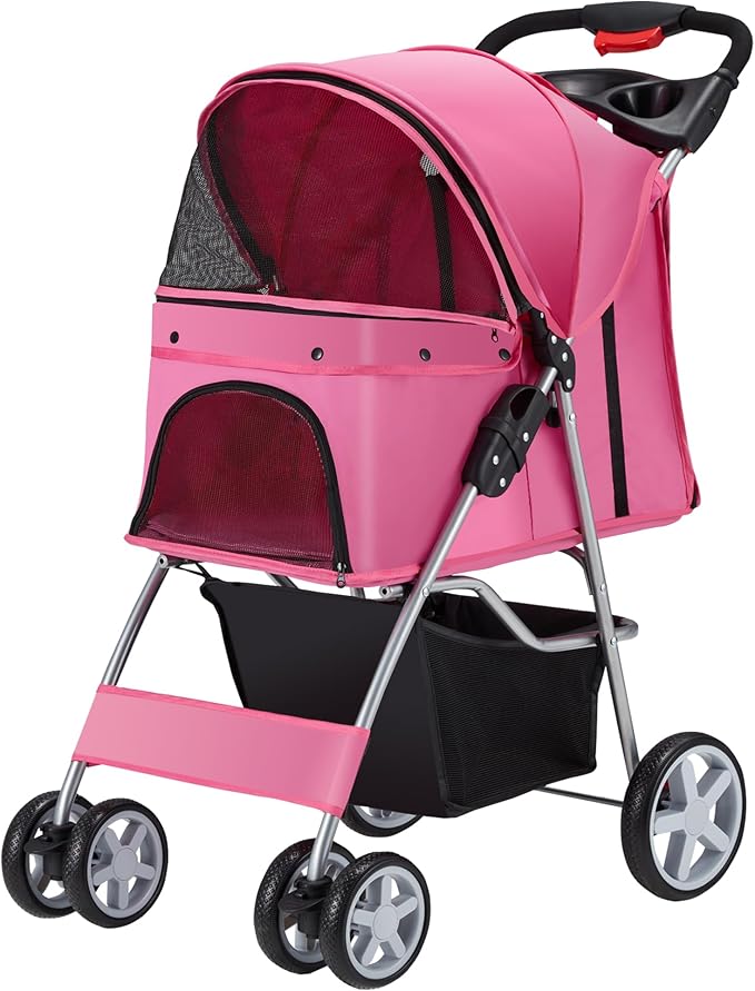 Azaeahom Pet Stroller, 4 Wheels Pet Strolling Cart for Medium/Small Dogs and Cats, Foldable Cat Jogger/Dog Stroller with Cup Holder, Storage Basket, Breathable Mesh, All-Season Pet Carrier, Pink