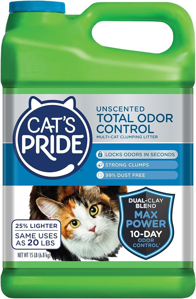 Cat's Pride Max Power: Total Odor Control - Up to 10 Days of Powerful Odor Control - Strong Clumping - Hypoallergenic - 99% Dust Free - Multi-Cat Litter, Unscented, 15 Pounds