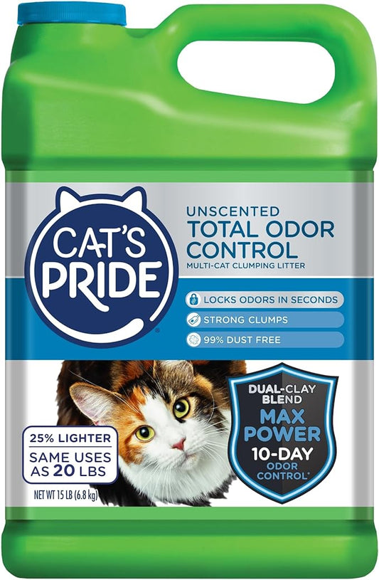 Cat's Pride Max Power: Total Odor Control - Up to 10 Days of Powerful Odor Control - Strong Clumping - Hypoallergenic - 99% Dust Free - Multi-Cat Litter, Unscented, 15 Pounds