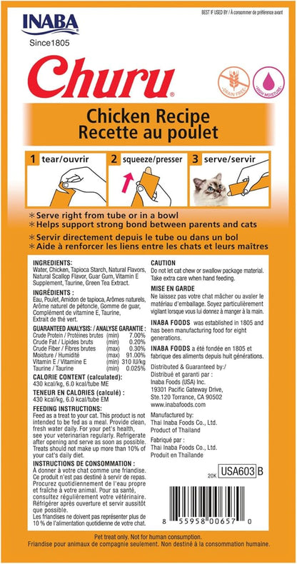 INABA Churu Cat Treats, Grain-Free, Lickable, Squeezable Creamy Purée Cat Treat/Topper with Vitamin E & Taurine, 0.5 Ounces Each Tube, 24 Tubes (4 per Pack), Chicken Recipe