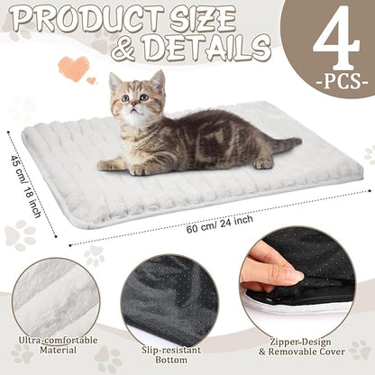 Nuanchu 4 Pack Self Warming Cat Bed 24"x18" Self Heating Dog Cat Pad Bulk Crate Mat Extra Warm Thermal Big Pet Pad for Indoor Outdoor Pets Houses with Removable Washable Cover Non Slip(White)