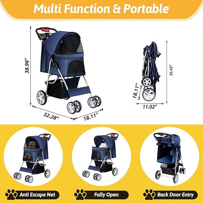 Pet Stroller, 4 Wheels Pet Strolling Cart for Medium/Small Dogs and Cats, Foldable Cat Jogger/Dog Stroller with Cup Holder, Storage Basket, Breathable Mesh, All-Season Pet Carrier, Navy Blue