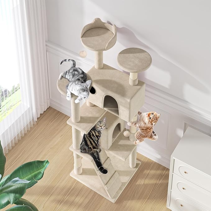 MoNiBloom 70 Inch Cat Tree Tower for Indoor Cats Large Adults, Tall Cat Tower with Scratching Post, Multi-Level Furniture Activity Center with Cat Condo Pet Play House, Beige