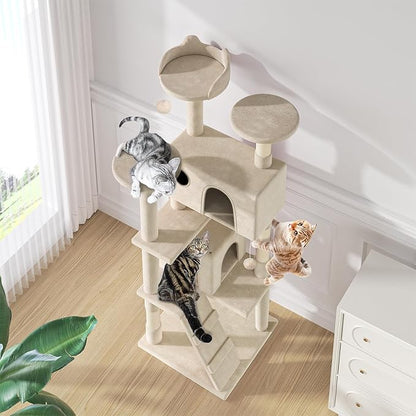 MoNiBloom 70 Inch Cat Tree Tower for Indoor Cats Large Adults, Tall Cat Tower with Scratching Post, Multi-Level Furniture Activity Center with Cat Condo Pet Play House, Beige