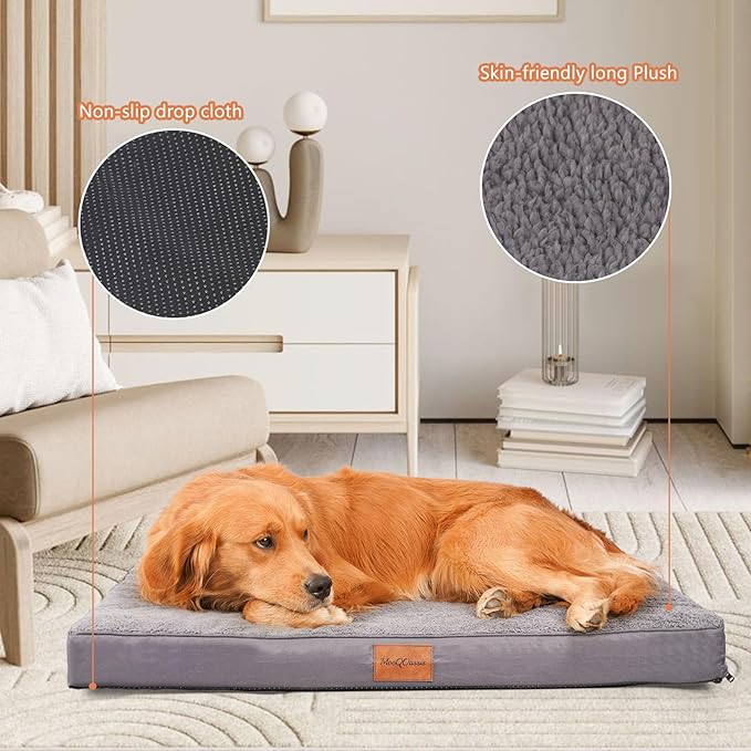 Waterproof Dog Beds for Large and Medium-Sized Dogs - Orthopedic Dog Bed Washable Crate Pad, Egg Crate Foam Pet Bed Mat with Removable Cover, Anti-Slip Kennel Pad, 35''×22'', Grey