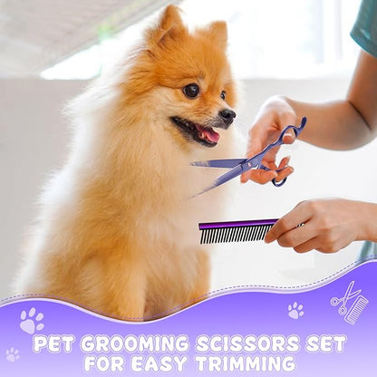 Professional Dog Grooming Scissors Set, 7 Inch/8 Inch Pet Grooming Scissors Chunkers Shears for Dog, Curved Dog Grooming Scissors, Thinning Shears for Dog with Grooming Comb