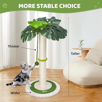 Meowoou Cat Scratching Post for Space-Saving,35” Tall Modern Monstera 3 Layer Cat Tree Tower with Sisal Rope Hanging Interactive Ball for Indoor Cats and Kitten Climbing,Play & Rest