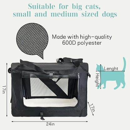 Fhiny Large Cat Carrier for 2 Cats, 24"x17"x17" Soft Dog Crate Collapsible Portable Travel Pet Carrier Bag Durable Breathable Foldable Kitten Carrier Bag for Cats Puppy Under 45 Lbs Black