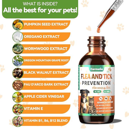 Oral Flea and Tick Support for Dogs and Cats, Natural Dog Flea and Tick Defense, Cat Flea Drops Supplements with Vitamin for Pets - All Breeds and Ages - Bacon