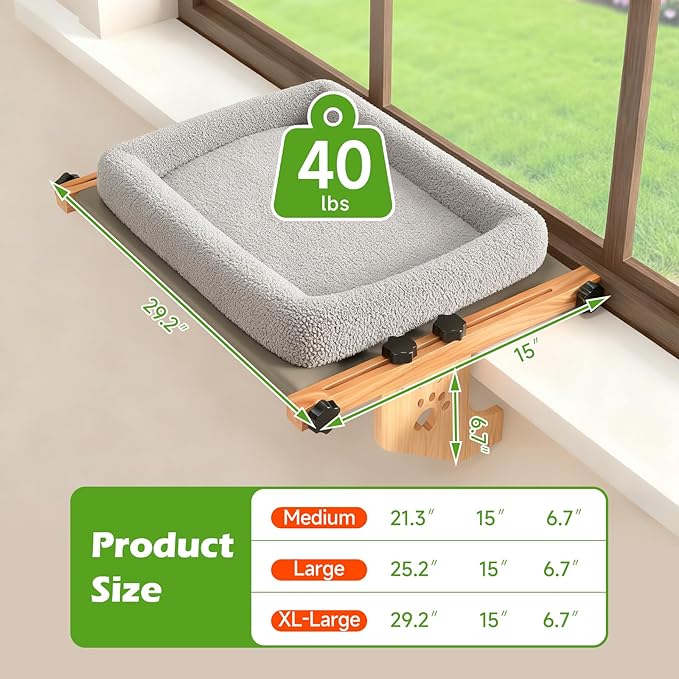 Cat Window Perch Sturdy Hammock Window Seat with Cushion Bed Cover, Wood & Metal Frame for Large Cats, Easy to Adjust Cat Bed for Windowsill, Bedside, Drawer and Cabinet (M)