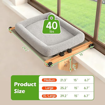 Cat Window Perch Sturdy Hammock Window Seat with Cushion Bed Cover, Wood & Metal Frame for Large Cats, Easy to Adjust Cat Bed for Windowsill, Bedside, Drawer and Cabinet (M)