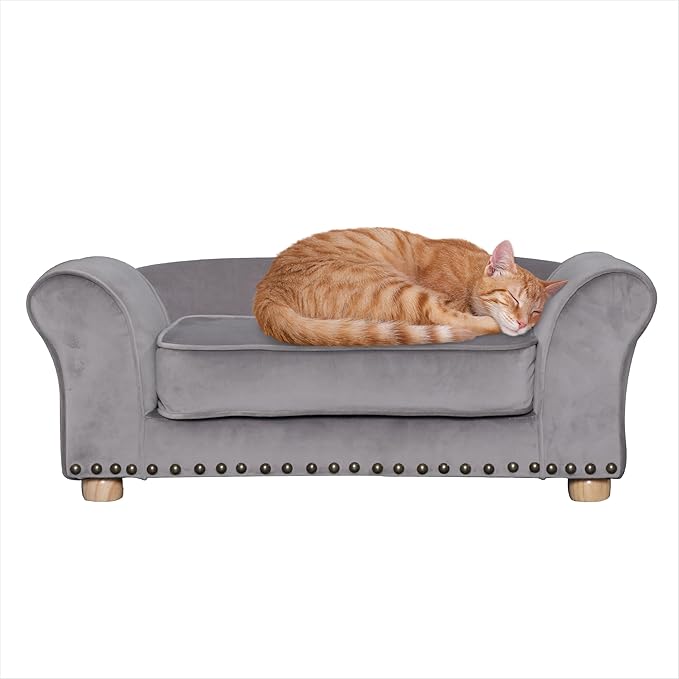 Critter Sitters 34-in. Faux Velvet Pet Bed Sofa in Dark Gray for Medium-Sized Dogs and Cats, Durable Indoor Pet Furniture for Bedroom, Living Room