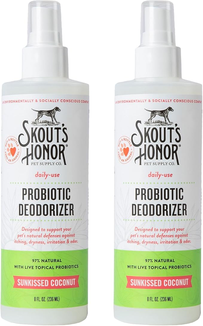 SKOUT'S HONOR Pet Deodorizer Spray- Hydrating Daily-Use with Avocado Oil & Omega-3s, Microbiome Friendly Certiified, Paraben & Sulfate-Free, 97% Natural, 8oz, Sunkissed Coconut, 2-Pack