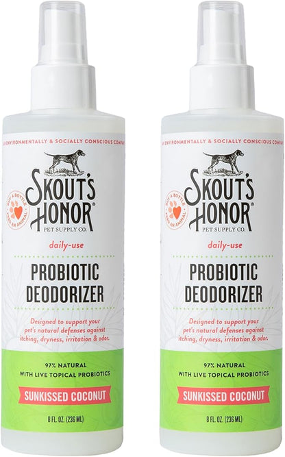 SKOUT'S HONOR Pet Deodorizer Spray- Hydrating Daily-Use with Avocado Oil & Omega-3s, Microbiome Friendly Certiified, Paraben & Sulfate-Free, 97% Natural, 8oz, Sunkissed Coconut, 2-Pack