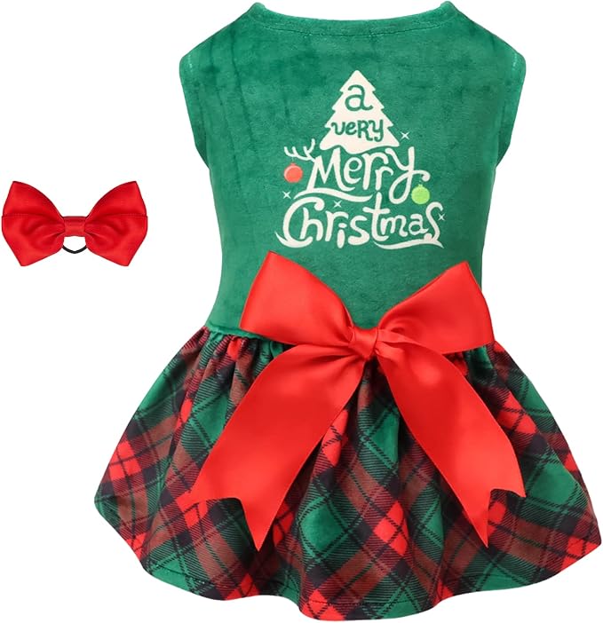 CuteBone Christmas Tree Dog Dress Velvet for Small Dogs Girl Puppy Dresses Green Plaid Dog Clothes CVA05S-D