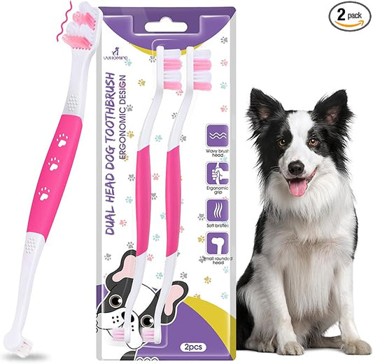 Dog Toothbrush – Newly Upgraded Dual-Head Design with 60° Wavy Bristles – Gently Surrounds Teeth for Deep Cleaning and Plaque Removal – Non-Slip Handle, Ideal for Daily Pet Dental Care (Pink, 2-Pack)