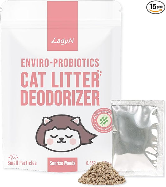 Lady N Fresh Woody Scent Cat Litter Deodorizer, Litter Box Odor Control Powder, Cation Odor Control with Probiotics, 15 Packets