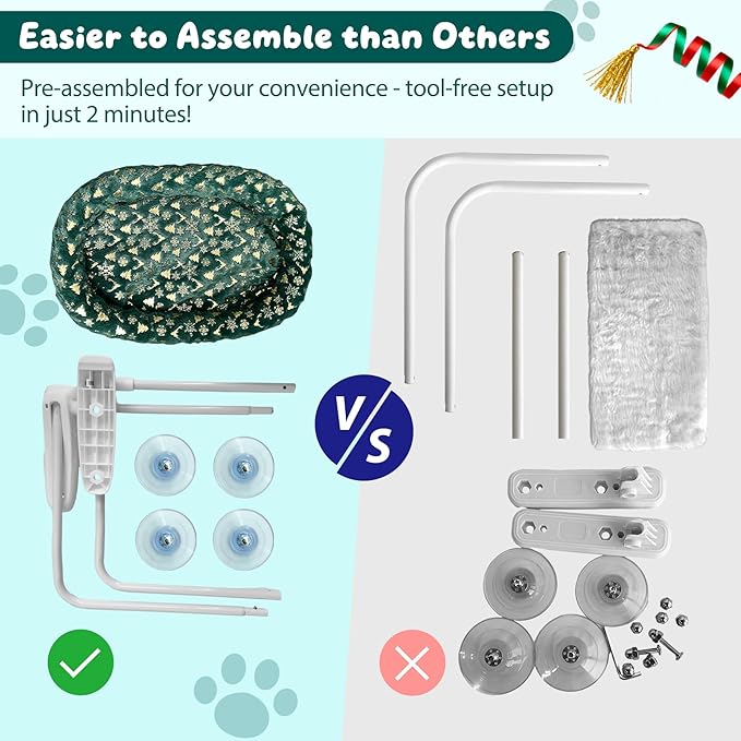 L&W BROS. 2-Pack Foldable Cat Window Perches with Christmas Cushion Bed – Easy to Assemble Cats Hammock for Window, Warm Indoor Cat Beds for Large Cats, Edition(M 2Pc)