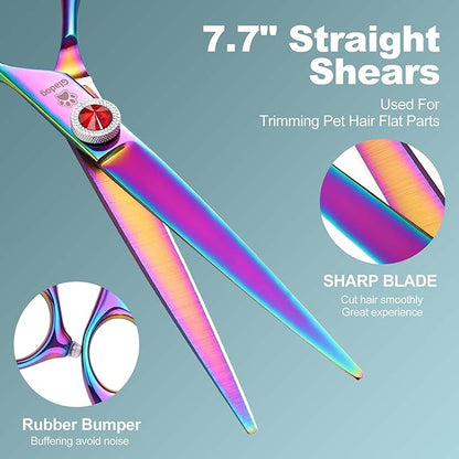 GLADOG 7 Inch Professional Dog Grooming Scissors Kit, 5-in-1 Titanium Coated Pet Grooming Shears Set, Heavy Duty Grooming Scissors for Dogs (Pro Rainbow)