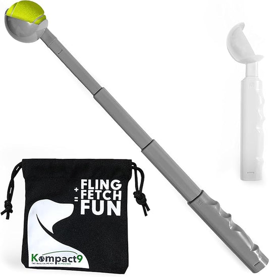 Kompact9 | Retractable Pocket-Sized Ball Launcher, Eco-Friendly & Portable Dog Fetch Toy, Made from Recycled Plastic, UK Designed, Fits Standard Tennis Balls Perfect Dog Exercise Equipment | Silver