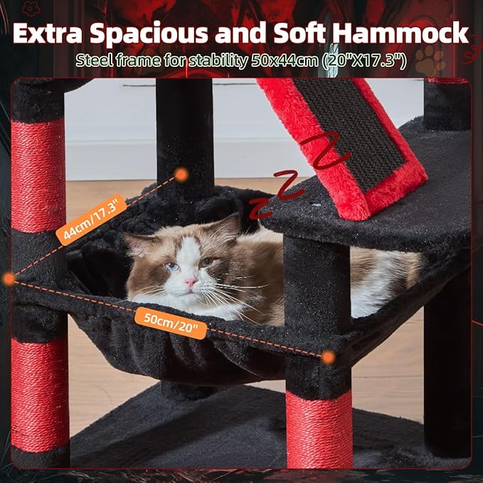 Taoqimiao Gothic Cat Tree 57.5-Inch, Cat Tower for Indoor Cats Large Adult, Extra Large Cat Condo, 8 Sisal Scratching Posts, Metal Frame Cozy Hammock, Durable Scratch Board, 2 Top Perches, MS026BR