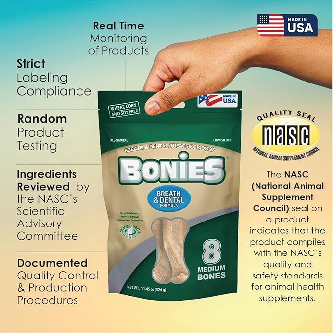 Bonies Breath and Dental Formula Treats for Dogs, All-Natural Ingredients, Fresh Breath, Cleans Teeth, Low Calories, Chicken Flavor - Medium, 8 Bones, 11.45-oz