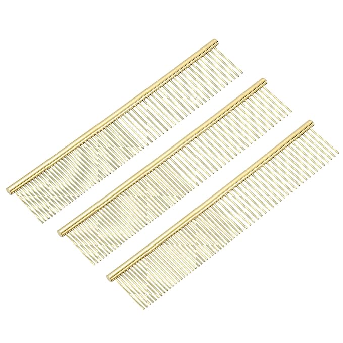 Dog Cat Comb, Pet Combs Stainless Steel Teeth with Rounded Ends for Knots Mats Loose Hair Removal, 7.5IN (Gold Plated, 3 Pack), Grooming Tool Intended for Long Curly Hair Pet